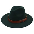 Close-up of dark green felt fedora hat featuring a brown faux leather belt and metal buckle - Dark Green