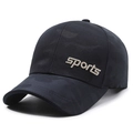 Dark blue camouflage baseball cap with white sports embroidery in a side-view angle - Adjustable / Navy/Gold Embroidery