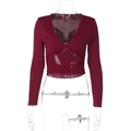 Close-up of wine red slim crop top featuring mesh stitching and deep V-neck detail - S / Burgundy