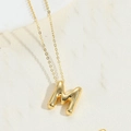 3D bubble letter M pendant necklace in polished 14K gold plated finish with O-chain - Letter M