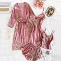 Rosa 4-teiliges Satin-Pyjama-Set mit Blumenmuster, inkl. Morgenmantel, Kleid und Shorts - 3XL / Rosa Kirsch-4-Teiler-Set