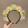 Handmade floral headband for girls with yellow, pink, and white blossoms and crystal beads - Soft Flower Rhyme