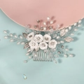 Handmade bridal hair comb with white ceramic flowers, pearls and crystals on blue background - 6# Hair Comb (Silver/White)