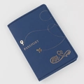 Deep blue PU leather passport cover with gold Mr & Mrs stamp and airplane design - Navy Blue