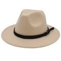 Detailed view of beige wool felt fedora featuring a black band with a gold buckle - Beige