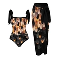 Bikini-Set mit metallischem Federmuster und passendem langem Wickelrock mit hoher Taille - S / Oberteil Und Unterteil / Schwarze Schuppe
