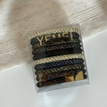 Elastic hair ties in black and gold glitter within a clear YEMEI branded gift box - 8# Glossy Milk Tea Blue Green Hair Tie Set
