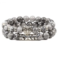 Grey marble bead bracelet set featuring silver owl charm and floral alloy beads - Picasso Stone Set 1