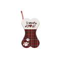 Dog bone Christmas stocking featuring red black plaid and I Woof You text print - Red/Black Plaid Bone