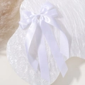 Elegant white double-layered satin ribbon hair clip with long streamers on plush background - White (18)