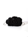 Elegant black satin 3D rose clutch bag with silver metallic chain and clasp detail - Black