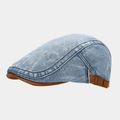 Retro denim flat cap with contrast suede brim and adjustable metal buckle on white background - Adjustable / Light Blue