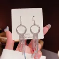 Silver S925 tassel earrings with sparkling rhinestones and Korean luxury design - Hoop Rhinestone Tassel (E0062 Silver)