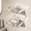 Wall-mounted double-layer acrylic soap holder with gold frame and drainage tray - Transparent White - Double Layer + Silver Bunny