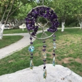 Detail of amethyst tree of life suncatcher with hanging rainbow prism crystals - Purple Crystal