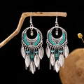 Bohemian chandelier earrings with turquoise details and leaf tassels in vintage silver - Antique Silver + Turquoise Enamel (E5837-2/Green)
