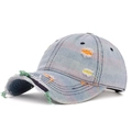Distressed light blue washed denim baseball cap with colorful rainbow stitching accents - Color 4 (Light Blue Soft)