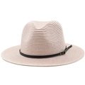 Klassischer beiger Strohhut für Damen und Herren mit schwarzem Lederband und Vintage-Schnalle - Rosa