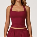 Donkerrode yoga crop top met vierkante hals en sportshort set voor dames - S / Kersenrood