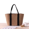 Handgewebte Stroh-Shopper in Naturbraun mit schwarzen Canvas-Henkeln für Damen - Khaki