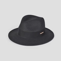 Dettaglio del cappello da sole nero intrecciato con nastro e placca logo d'oro - M(56-58cm) / Nero
