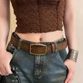 Vintage brown leather belt with floral embossing and antique brass buckle for jeans - 100cm / Brown Floral Embossed Square Buckle Style (K0246)