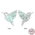 S925 sterling silver hummingbird earrings with green gemstone and floral carving details - Mint Green Double-sided Hummingbird Pendant (BSC981)