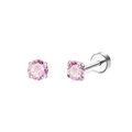 Close-up of pink zircon stud earrings with silver screw back and 4-prong setting - Pink Round Zirconia