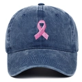 Close-up of pink ribbon embroidery on washed navy blue cotton denim baseball cap - Adjustable / Navy Blue