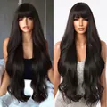 Long wavy brown wig with bangs 24-26 inch synthetic hair extension for women - Dark Brown
