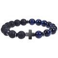 Mens beaded bracelet with black lava stones, blue tiger eye beads and a cross charm - Blue Tiger Eye and Lava Stone Bracelet
