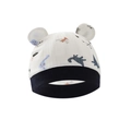 Berretto neonato con motivo a dinosauro e orecchie in bianco e bordo nero - Cappello Piccolo Dinosauro Blu Notte