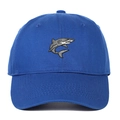 Close-up of blue cotton baseball cap featuring detailed grey shark embroidery on front - Adjustable / Sapphire Blue