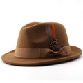Detailed close-up of dark brown wool fedora hat featuring ribbon bow and feather accent - M (56-58cm) / Khaki