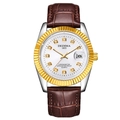Men's business quartz watch with gold fluted bezel and brown leather strap - Brown Strap Two-tone Case White Dial Men