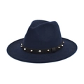 Detail of dark blue wool fedora with studded leather belt trim and wide brim design - M (56-58cm) / Navy Blue