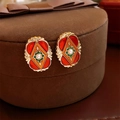 Vintage Baroque earrings in gold finish with red and green enamel and a central pearl - 5# Silver Pin-Gold Square