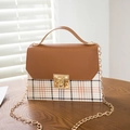 Brown leather and houndstooth pattern crossbody bag with golden metal twist lock and chain - Brown