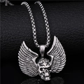Hip hop silver winged skull pendant necklace with box chain for men in steel - Winged Skull Pendant