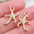 Pair of gold starfish charms in polished alloy for DIY jewelry necklace making - Sea Star Pendant 17x15mm