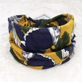 Yellow bohemian elastic headband with large navy blue and green floral print - 71