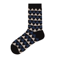 Mid-calf cotton socks featuring a blue, black, and grey geometric triangle pattern - 16 (Geometric Triangles)