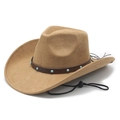 Brown faux suede western cowboy hat with leather turquoise studded band and chin strap - M (56-58cm) / Camel