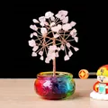 Arbre à monnaie en quartz rose avec branches en cuivre et socle en verre arc-en-ciel - Quartz rose