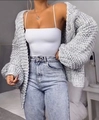 Women's thick grey mohair knit cardigan with light blue washed high-waist denim jeans - S / Gray