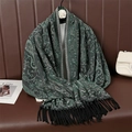Elegant dark green paisley wool blend scarf with black fringe displayed on a hanger - Dark Green Black Tassel (T491-03)
