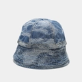 Detail of vintage washed denim bucket hat with frayed edges and multi-row stitching design - M / Distressed Round Top (Medium Blue)