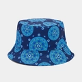 Detail of blue bucket hat with bohemian mandala and evil eye pattern print - Dark Blue