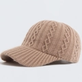 Beige cable knit baseball cap with ribbed brim for women and men, autumn winter warmth - Adjustable / Khaki