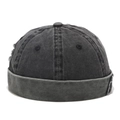 Detail of vintage grey washed denim miki hat with distressed ripped effects and roll cuff - Adjustable / Black